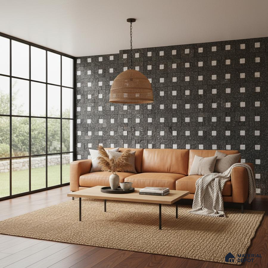 Scandinavian living room with geometric black-and-white wall panels and tan leather sofa in Bengaluru