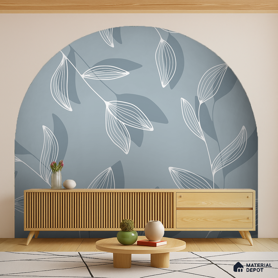 Scandinavian living room with light oak louvered console and blue botanical patterned wallpaper in Bengaluru