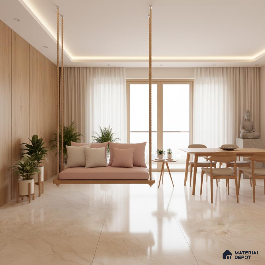 Scandinavian living room with light oak wall panels, marble look floor tiles, and pastel swing seating in Bengaluru