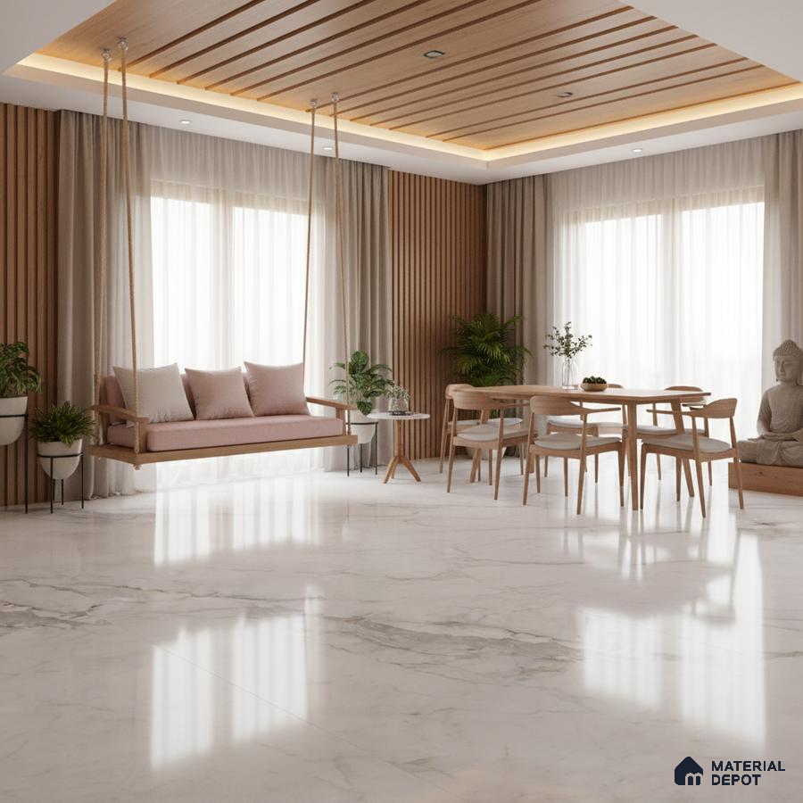 Scandinavian living room with marble floor tiles and oak wood louvers in Bengaluru
