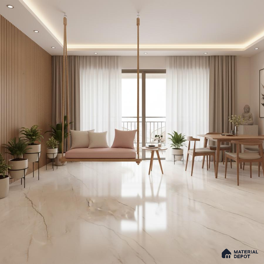 Scandinavian living room with marble-look floor tiles and oak wood fluted wall panels in Bengaluru