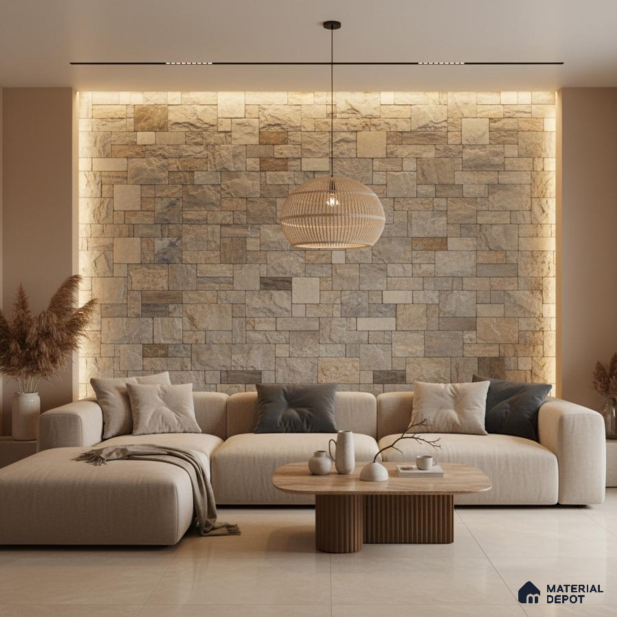 Scandinavian living room with natural stone cladding accent wall and beige ceramic floor tiles in Bengaluru