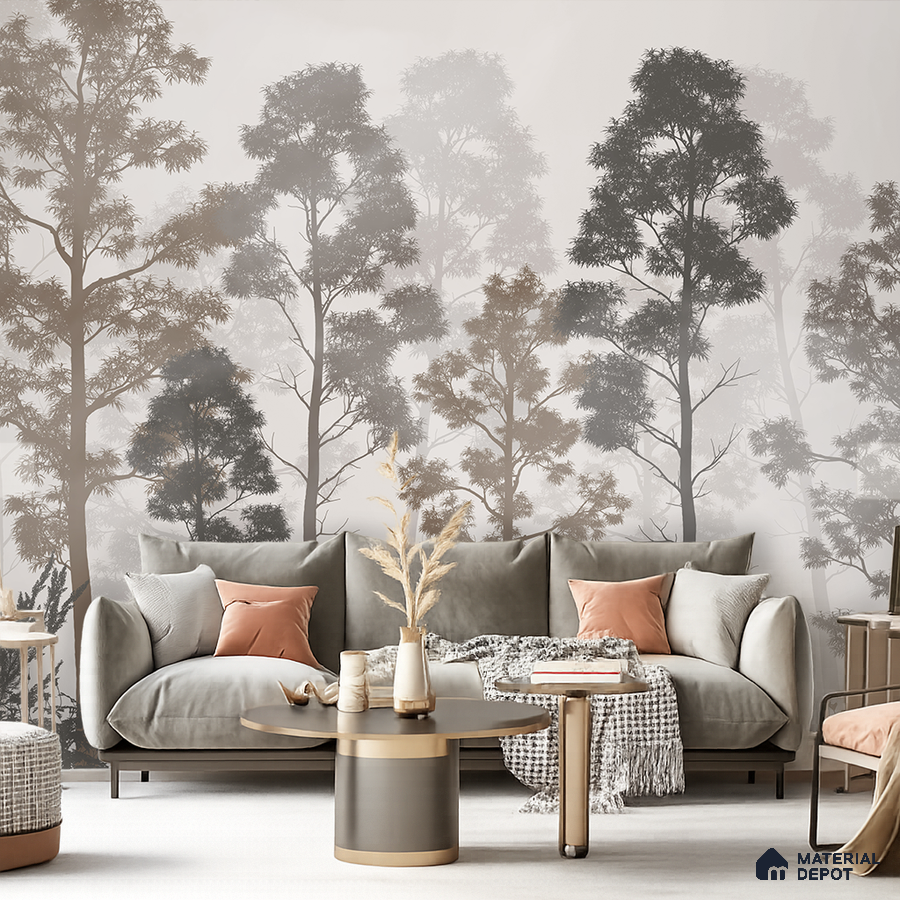 Scandinavian living room with nature-inspired wallpaper and suede upholstered sofa in Bengaluru