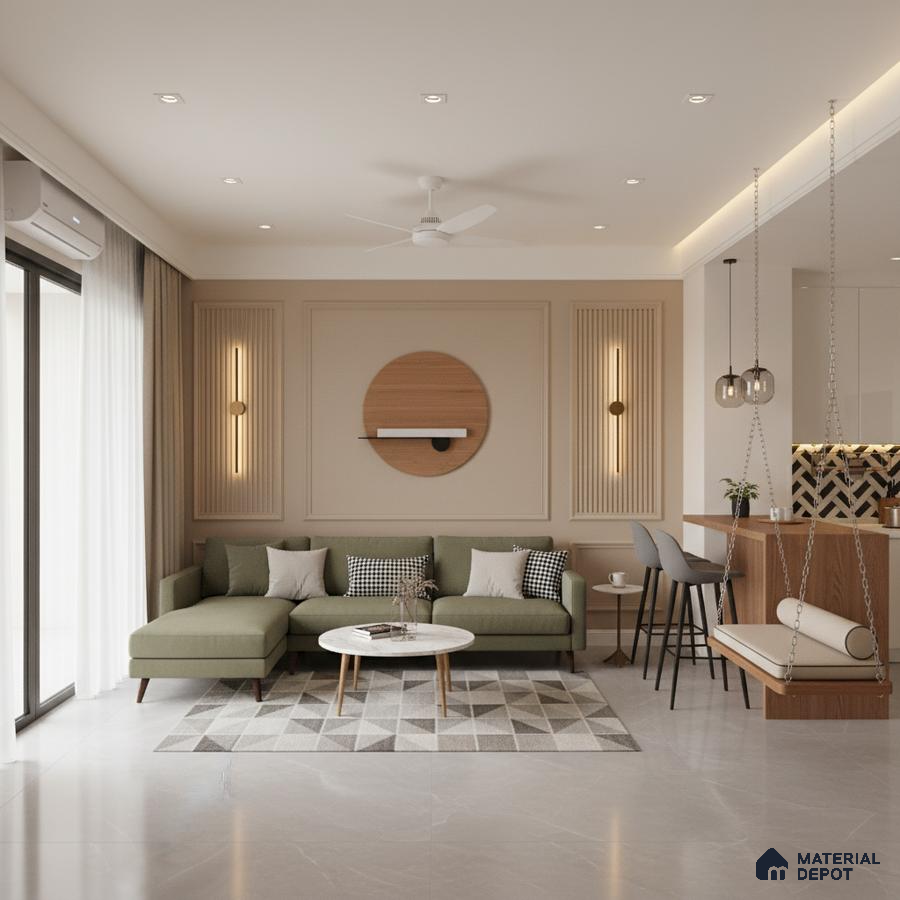 Scandinavian living room with olive green sofa, beige wall panels, and marble floor tiles in Bengaluru