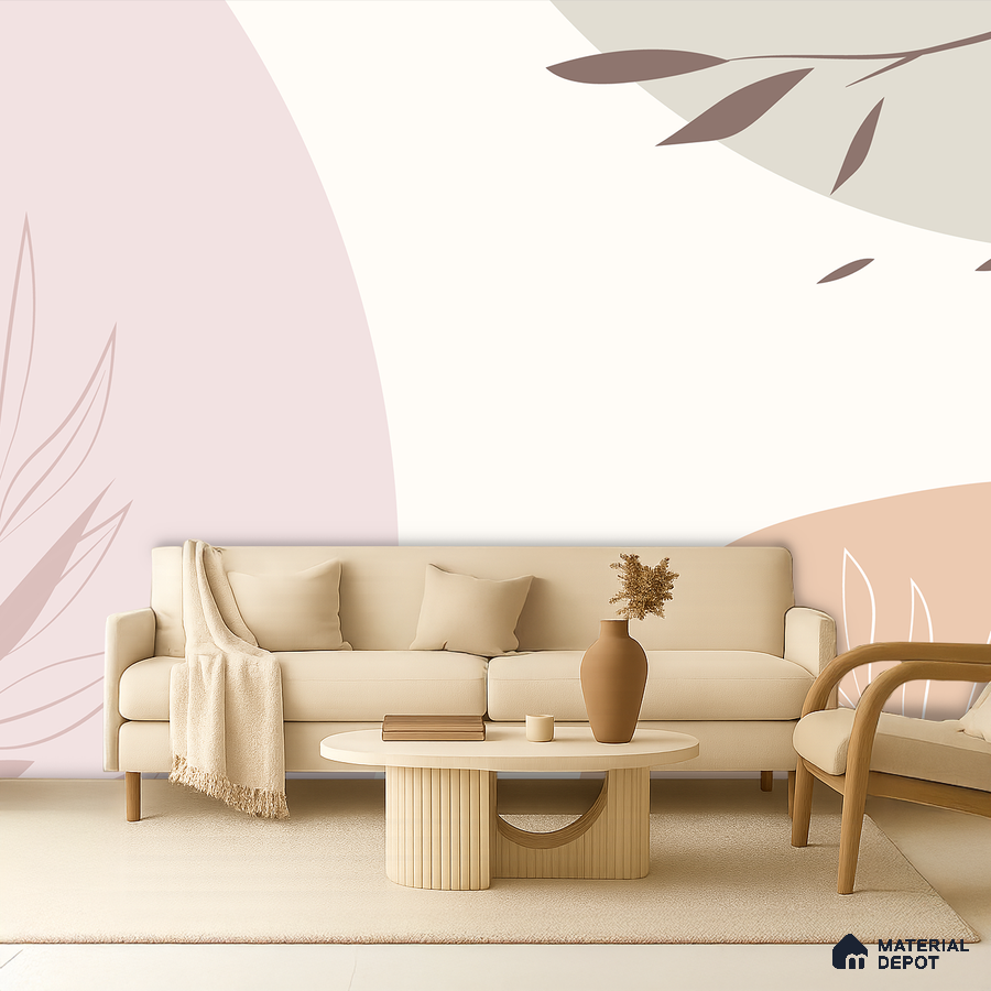 Scandinavian living room with pastel abstract wallpaper, beige fabric sofa, and light wood coffee table in Bengaluru