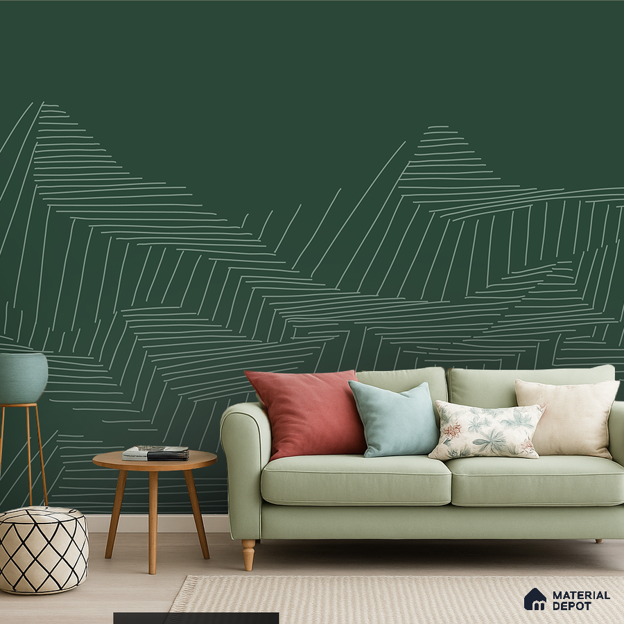 Scandinavian living room with sage green geometric wallpaper and pastel upholstery in Bengaluru