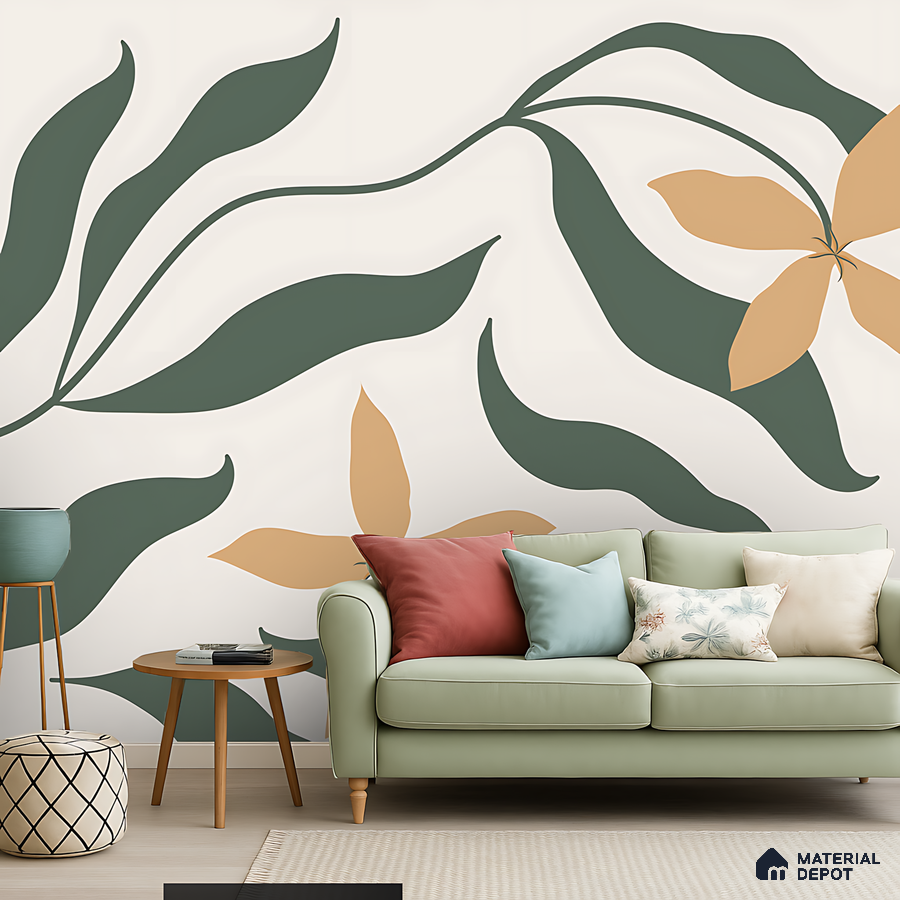 Scandinavian living room with sage green sofa and large floral patterned wallpaper in Bengaluru