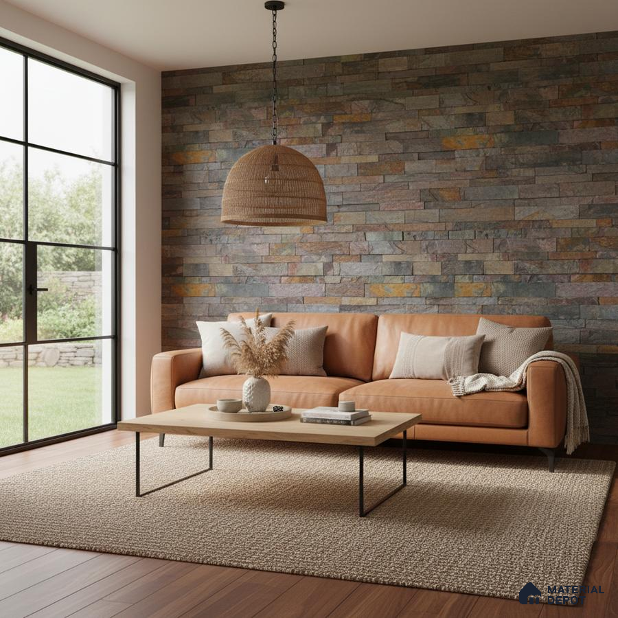 Scandinavian living room with stone cladding accent wall and tan leather sofa in Bengaluru