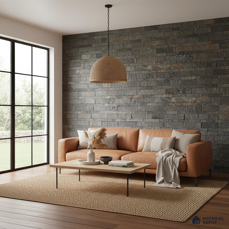 Scandinavian living room with stone cladding accent wall and tan leather sofa in Bengaluru