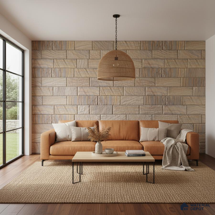 Scandinavian living room with stone cladding accent wall, tan fabric sofa, and natural jute rug in Bengaluru