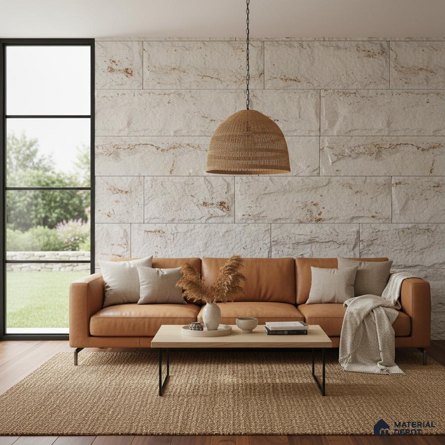 Scandinavian living room with tan leather sofa, textured stone wall cladding, and natural jute rug in Bengaluru