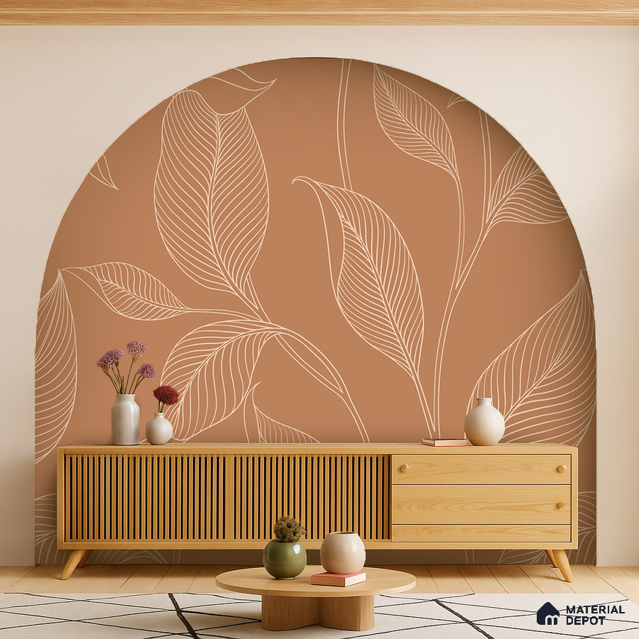 Scandinavian living room with terracotta botanical wallpaper and light oak fluted console in Bengaluru