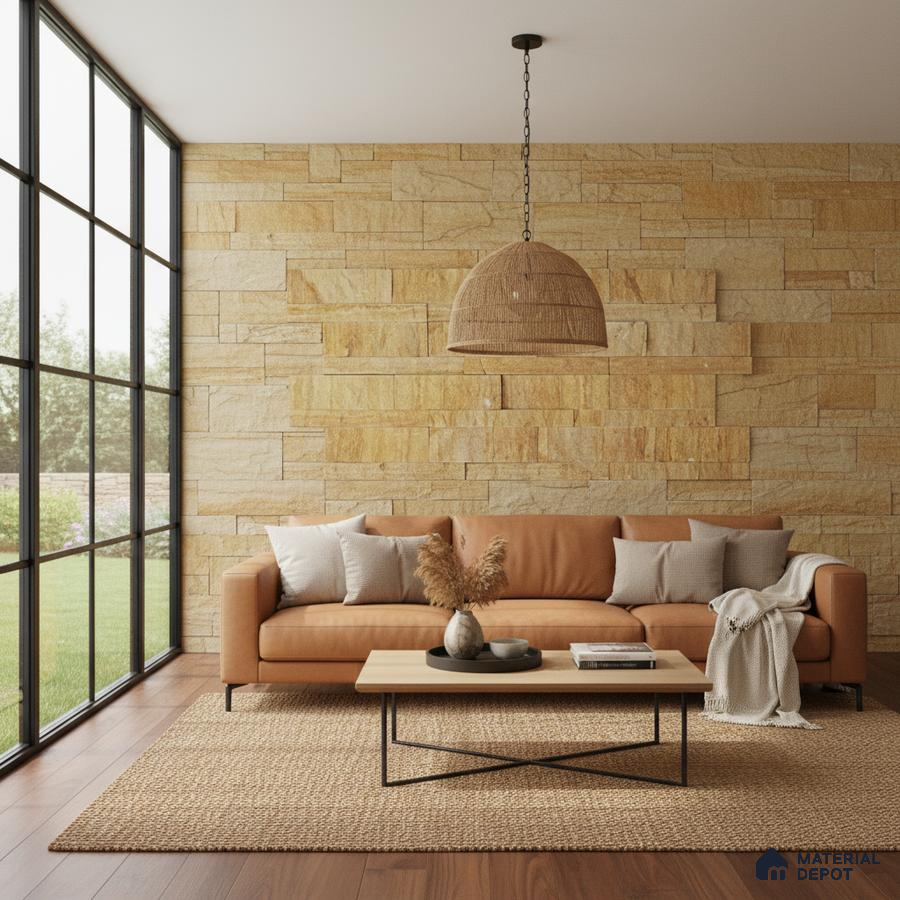 Scandinavian living room with yellow stone cladding wall, tan leather sofa, and wooden flooring in Bengaluru