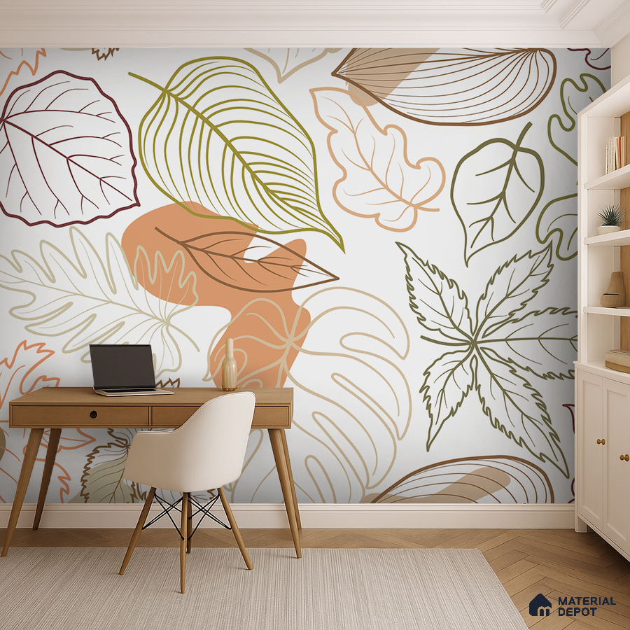 Scandinavian study room with abstract leaf patterned wallpaper and light wood desk in Bengaluru