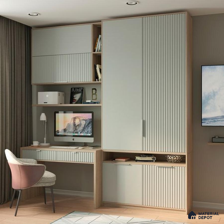 Scandinavian study room with fluted frosty white laminate and light oak wood accents | Material Depot