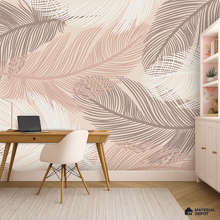 Scandinavian study room with pastel leaf patterned wallpaper and light wood desk in Bengaluru
