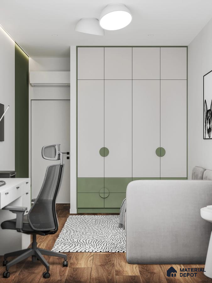 Scandinavian study room with sage green and white laminate wardrobe, wooden flooring, and minimalist desk | Material Depot