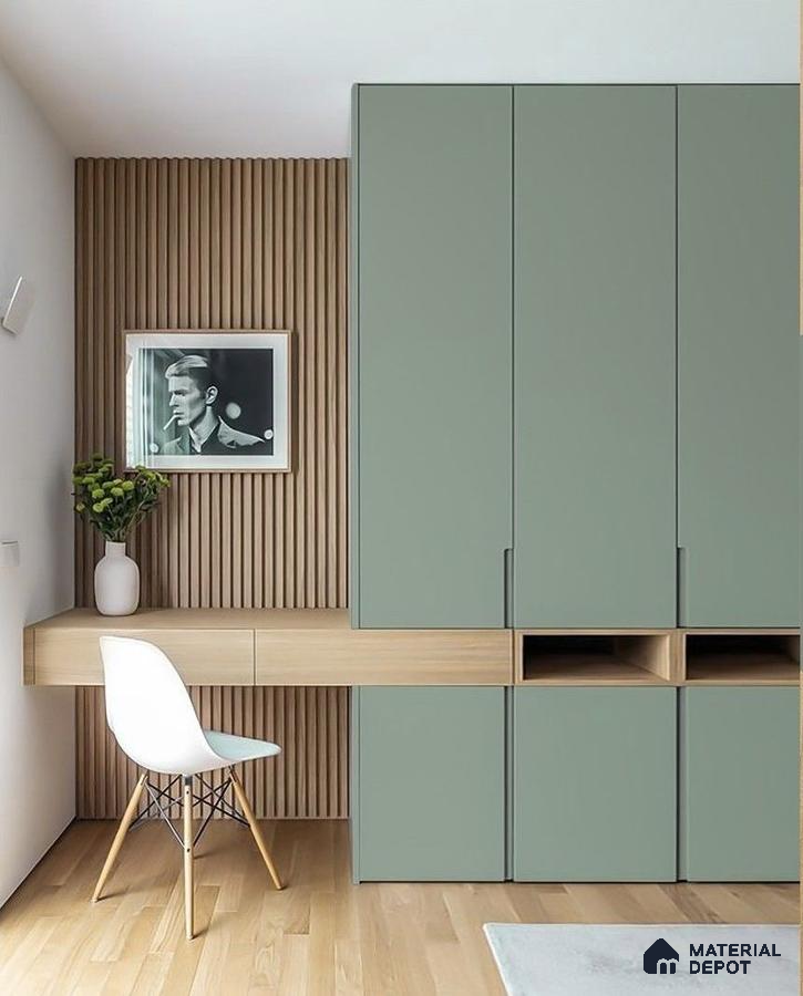 Scandinavian study room with sage green laminate wardrobe, natural wood louver wall, and light oak flooring | Material Depot