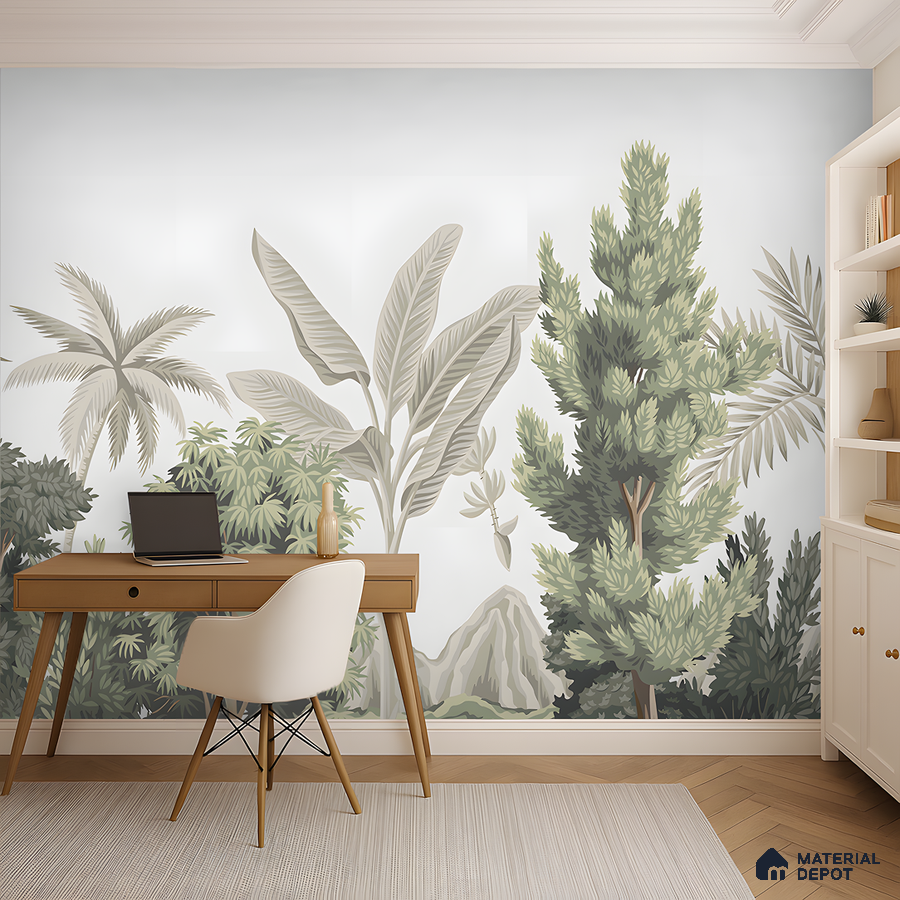 Scandinavian study room with tropical nature wallpaper and light wood desk in Bengaluru