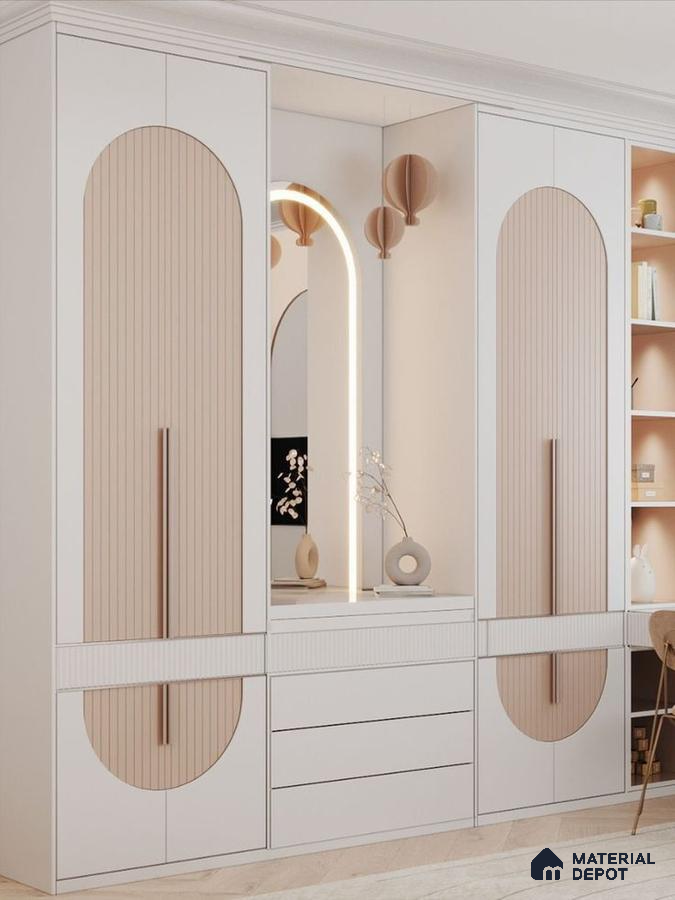 Scandinavian wardrobe with frosty white and nude beige fluted laminates and integrated vanity | Material Depot