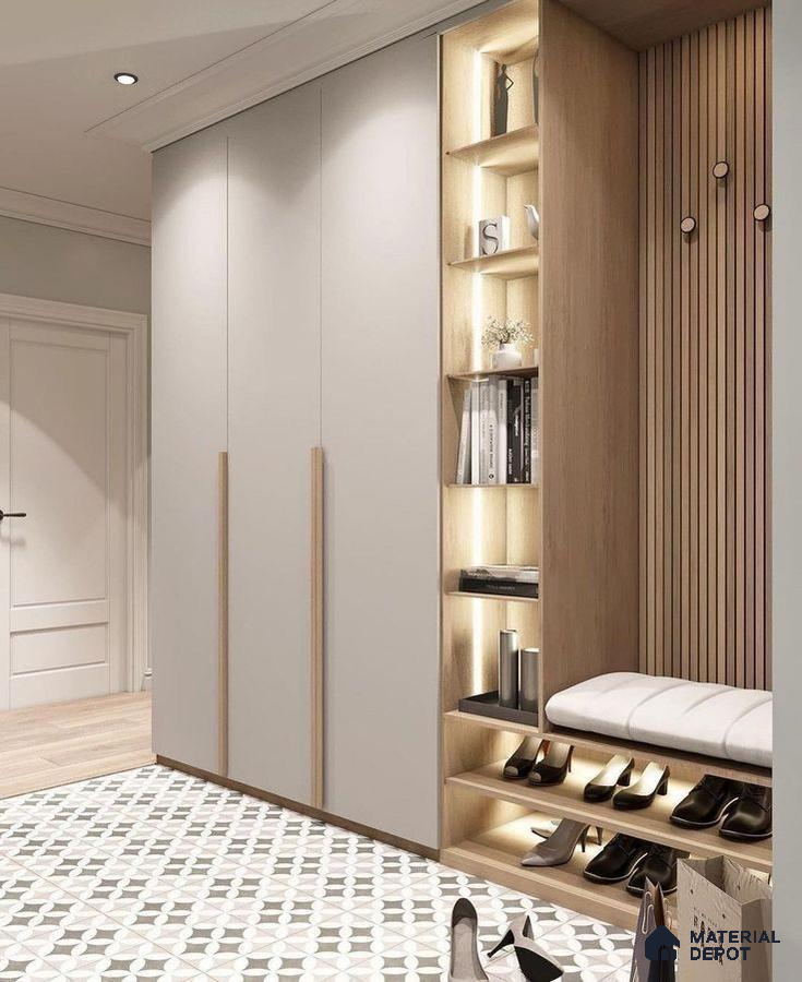 Scandinavian Wardrobe with frosty white laminate, light oak wood, and geometric patterned floor tiles | Material Depot