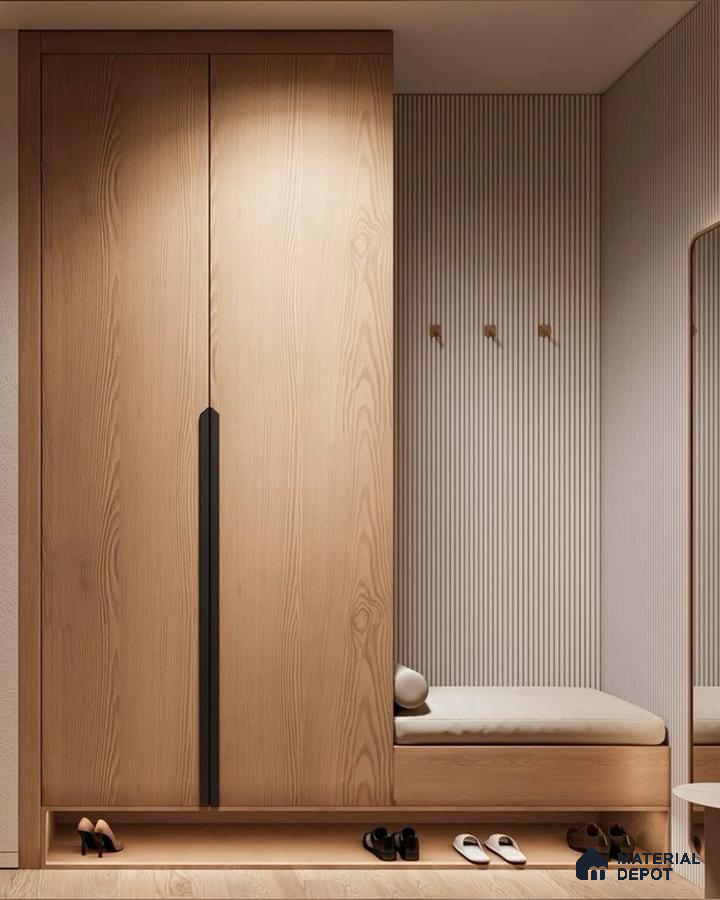 Scandinavian wardrobe with light oak wood laminate, fluted wall panels, and built-in bench seating | Material Depot