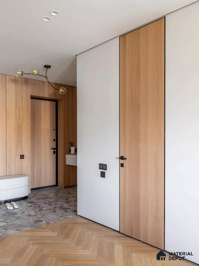 Scandinavian Wardrobe with light oak wood laminate wall panels and herringbone wooden flooring | Material Depot