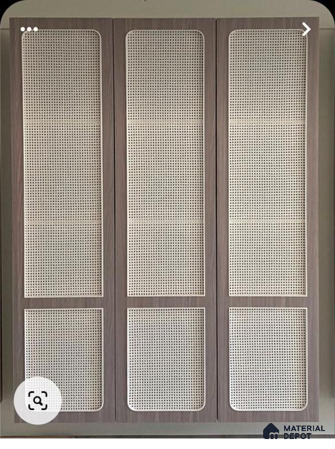 Scandinavian wardrobe with light wood laminate and cane webbing shutters | Material Depot