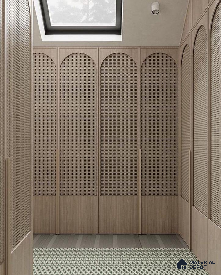 Scandinavian wardrobe with natural cane panel shutters and geometric patterned floor tile | Material Depot