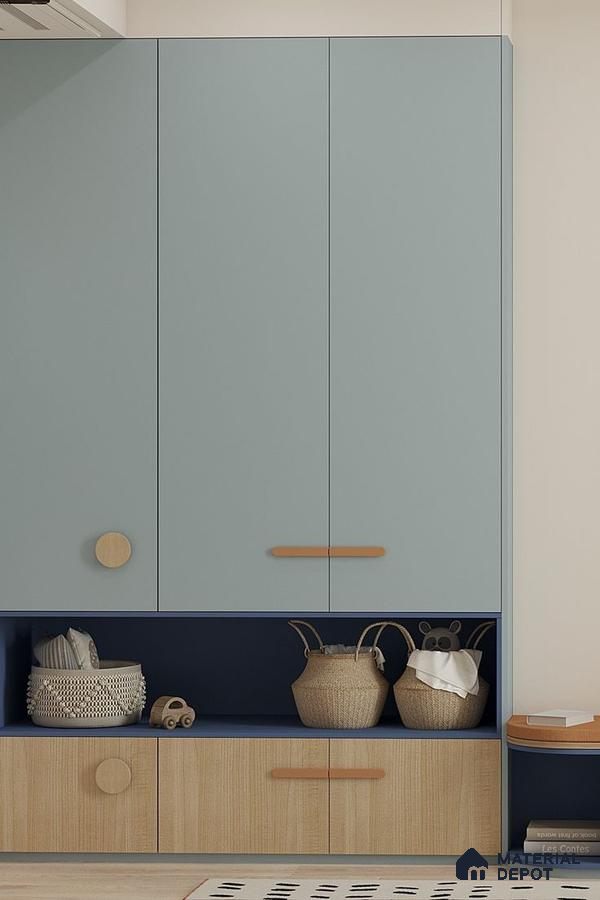Scandinavian wardrobe with pastel blue laminate, natural wood laminate, and navy blue open shelf | Material Depot