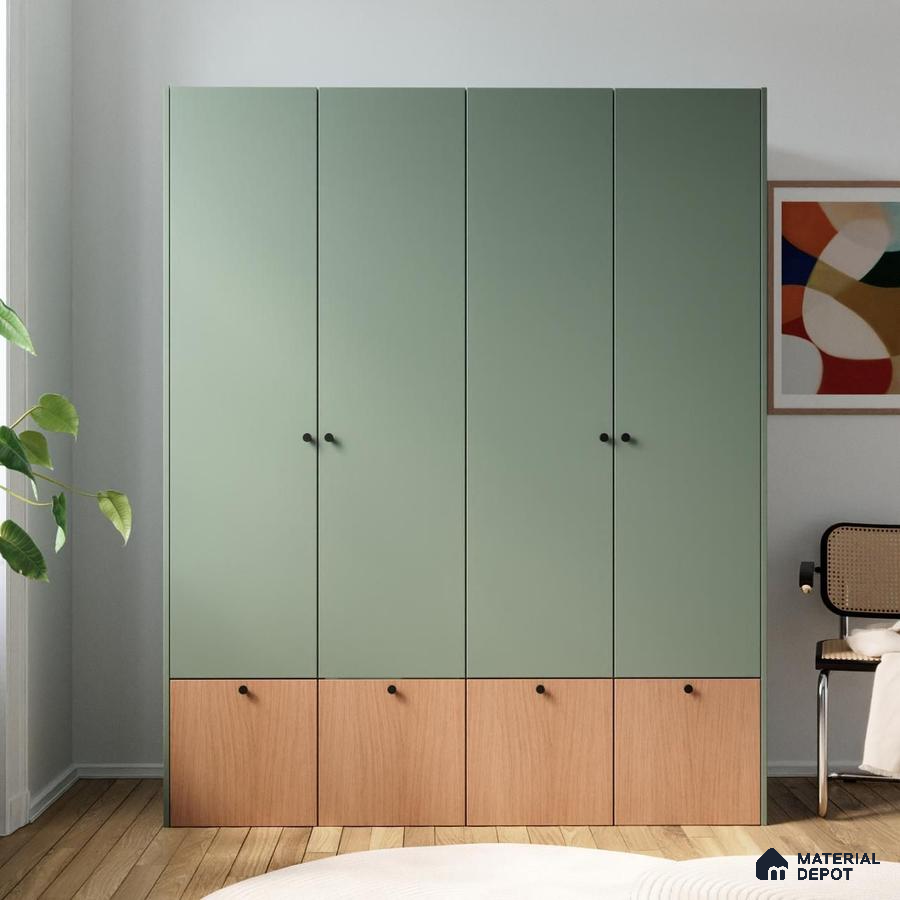 Scandinavian wardrobe with sage green laminate and light oak laminate in bedroom | Material Depot