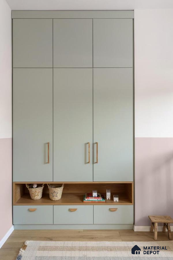 Scandinavian wardrobe with sage green laminate shutters and natural oak laminate open shelf | Material Depot