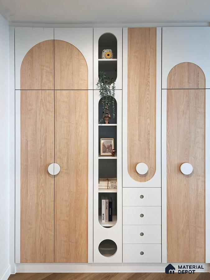 Scandinavian wardrobe with white solid laminate and light oak wood laminate | Material Depot