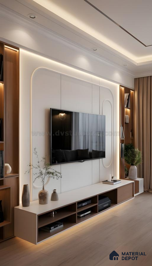 Sculpted Elegance: Minimalist Tv Wall With Soft Curves And Ambient Lighting | Material Depot