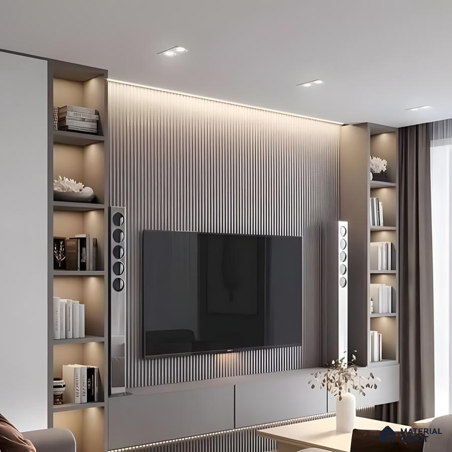 Sculpted Media Wall: Fluted Charcoal Panels With Integrated Fireplace & Textured Cream Accents | Material Depot