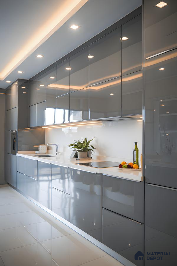 Seamless Grey Elegance: Minimalist Acrylic Kitchen With White Top | Material Depot
