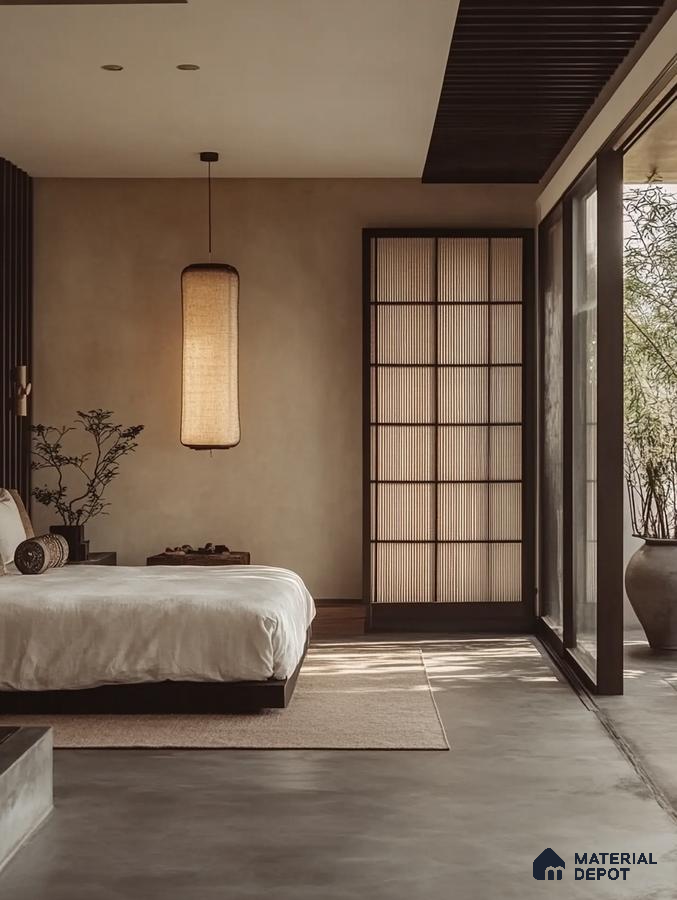 Serene and Minimalist Bedroom Design with Shoji Screen and Indoor Plant Brigade Komarla Heights Padmanabhanagar | Material Depot