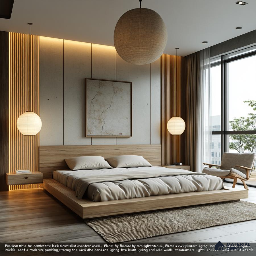 Serene and Modern Bedroom Design with Wood Paneling and Woven Pendant Lights Purva Zenium Airport Road | Material Depot