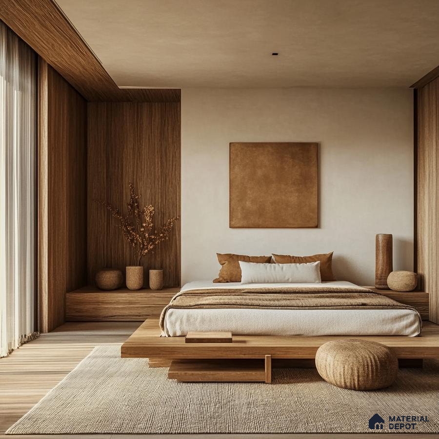 Serene and Modern Japanese Bedroom Design with Dark Walls and Tatami Platform Purva Blubelle Magadi Road | Material Depot