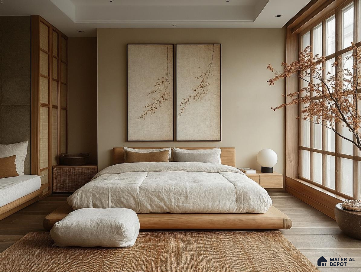 Serene and Natural Bedroom Design with Tatami Platform and Shoji Screen Prestige Finsbury Park Bagalur | Material Depot