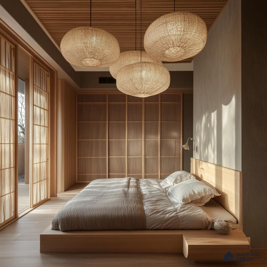 Serene and Natural Bedroom Design with Woven Pendant Lights and Shoji Screen Mana Dale Sarjapur Road | Material Depot