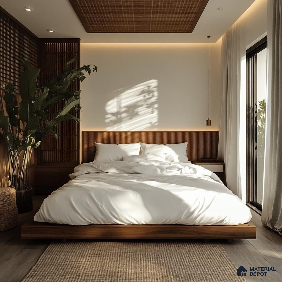 Serene and Natural Bedroom Design with Woven Wood Accents Purva Tivoli Hills Devanahalli | Material Depot