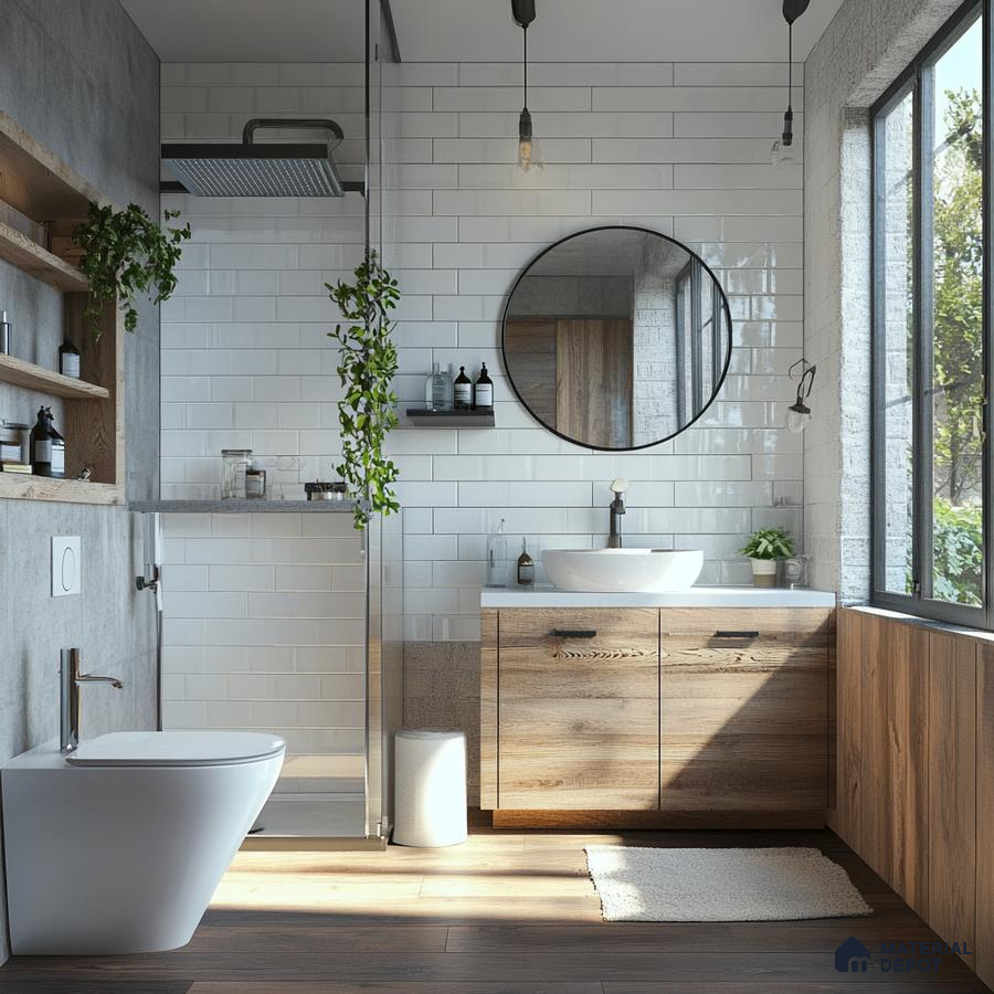 Serene and Natural: Rustic Bathroom with Wood Accents and Abundant Natural Light | Material Depot