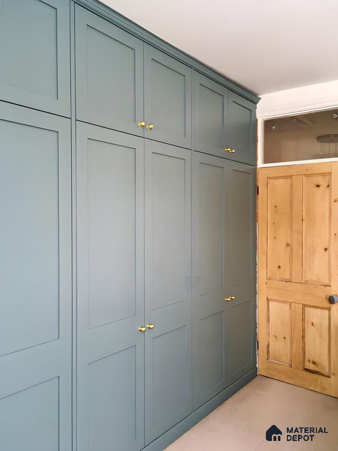 Serene Bedroom with Teal Painted Wardrobe and Brass Hardware | Material Depot