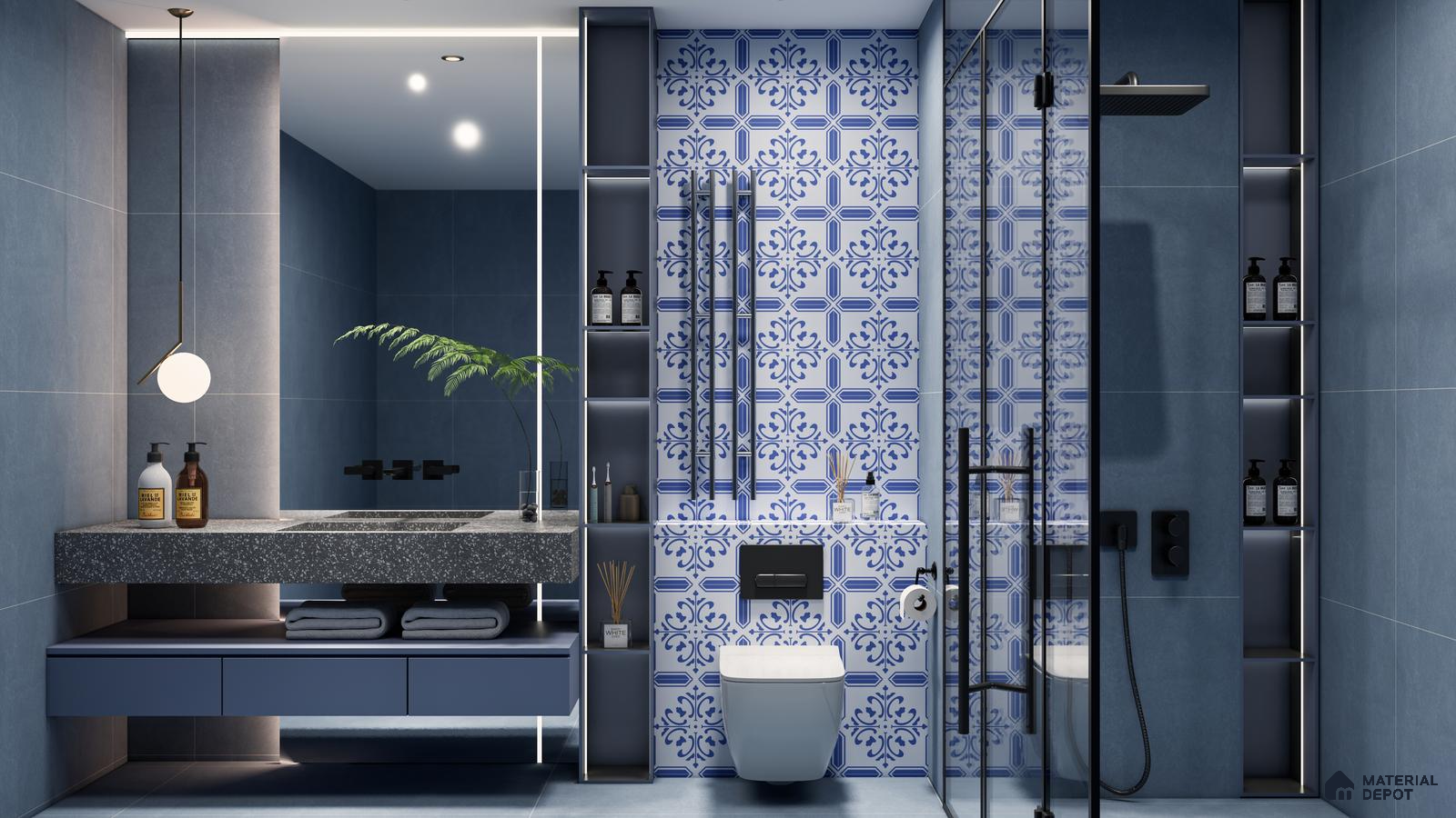 Serene Blue Bathroom with Moroccan-Inspired Accent Tiles | Material Depot