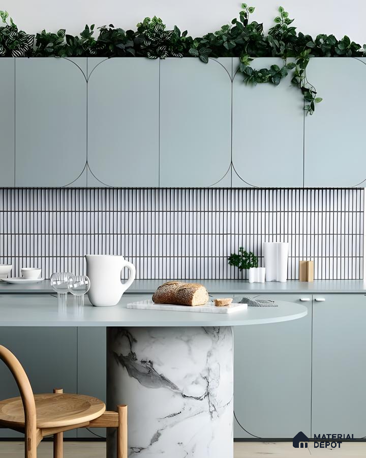 Serene Blue Kitchen With Marble Pedestal Island And Fluted Backsplash | Material Depot