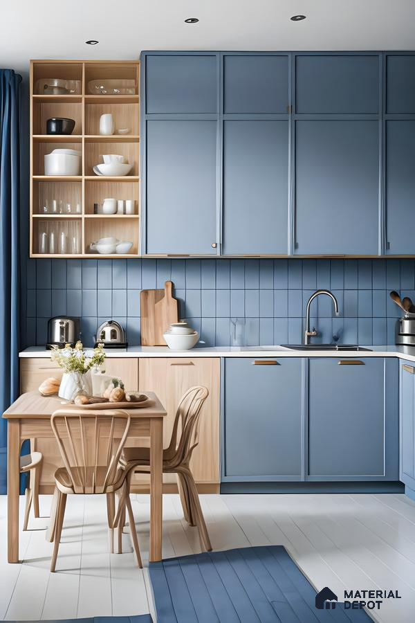 Serene Blue Kitchen with Warm Wood Accents and blue Subway Tiles | Material Depot