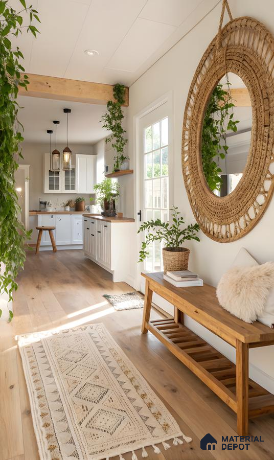 Serene Bohemian Interior: Slatted Natural Wood Bed Frame With Integrated Nightstands And Soft Textiles | Material Depot