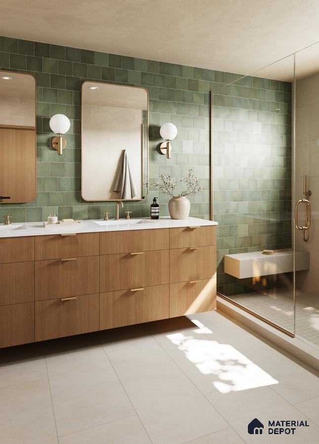 Serene Green Tile Bathroom with Warm Wood Vanity and Golden Accents | Material Depot