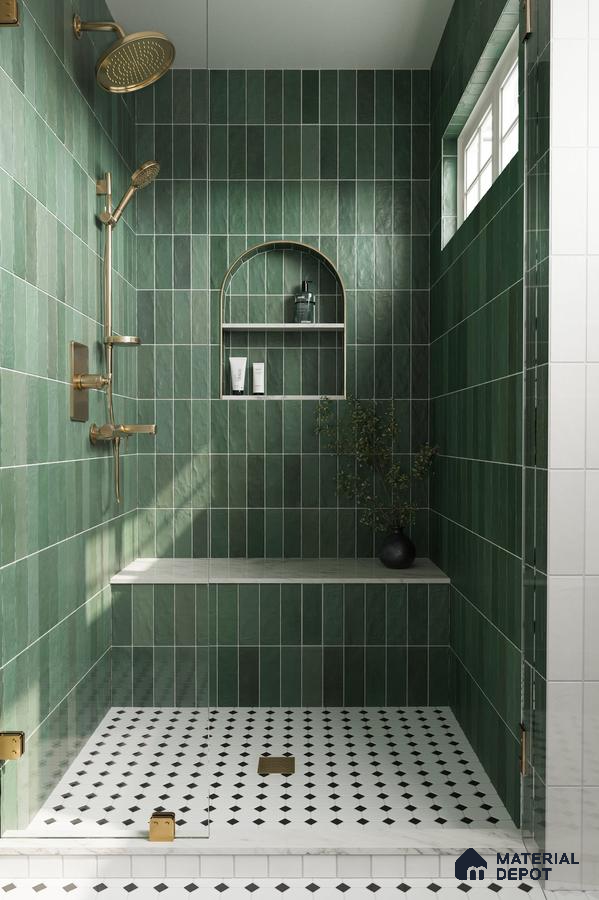 Serene Green Tiled Shower with Black and White Checkered Floor and Gold Accents | Material Depot